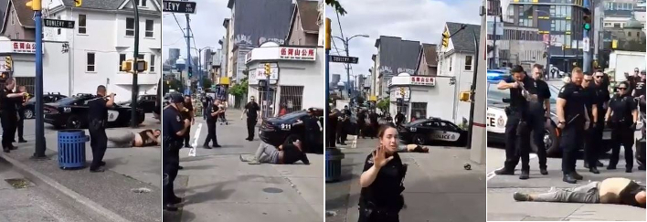 Vancouver police mob shoots supine man with beanbag gun